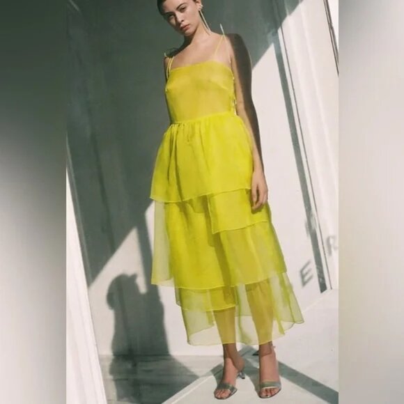 Kamperett Silk Organza Dress, Chartreuse, M - Picture 1 of 5